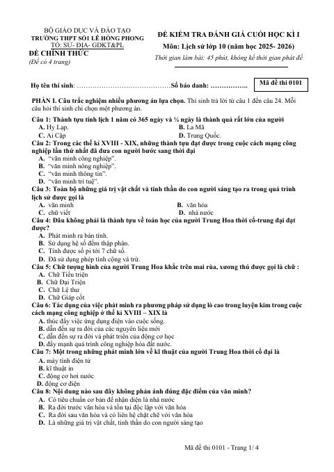 Đề thi Học kì 1 Lịch sử 10 năm 2025-2026 trường THPT Số 1 Lê Hồng Phong (Đắk Lắk)